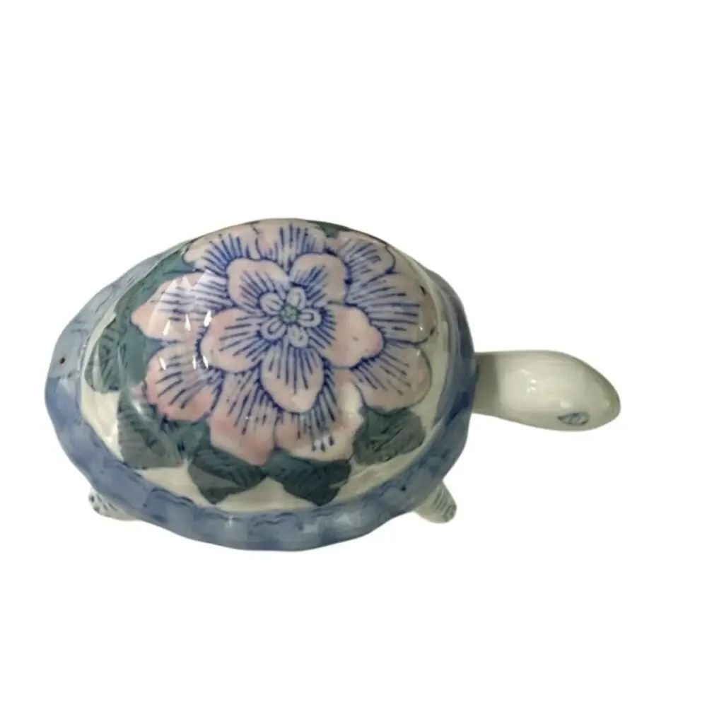 Vintage Ceramic Turtle Trinket Jewelery Box Lidded Pink Blue Flower 6